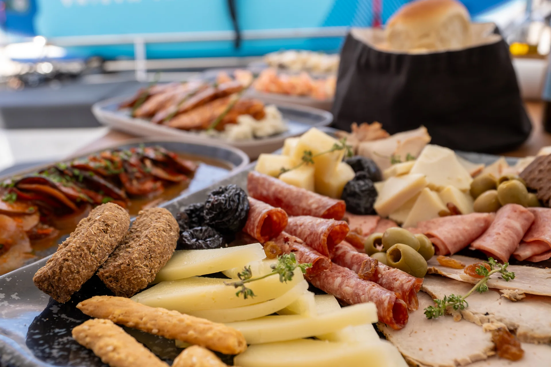 Mediterranean cheese and antipasti served aboard a DanEri cruise