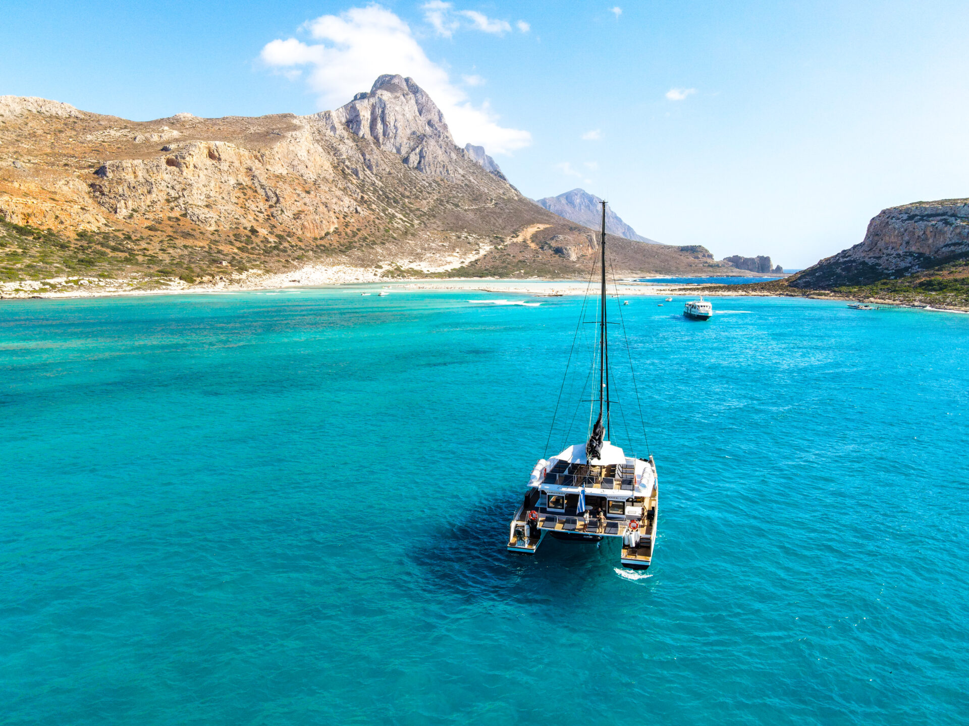 Aerial view of the turquoise waters of Balos Lagoon from above