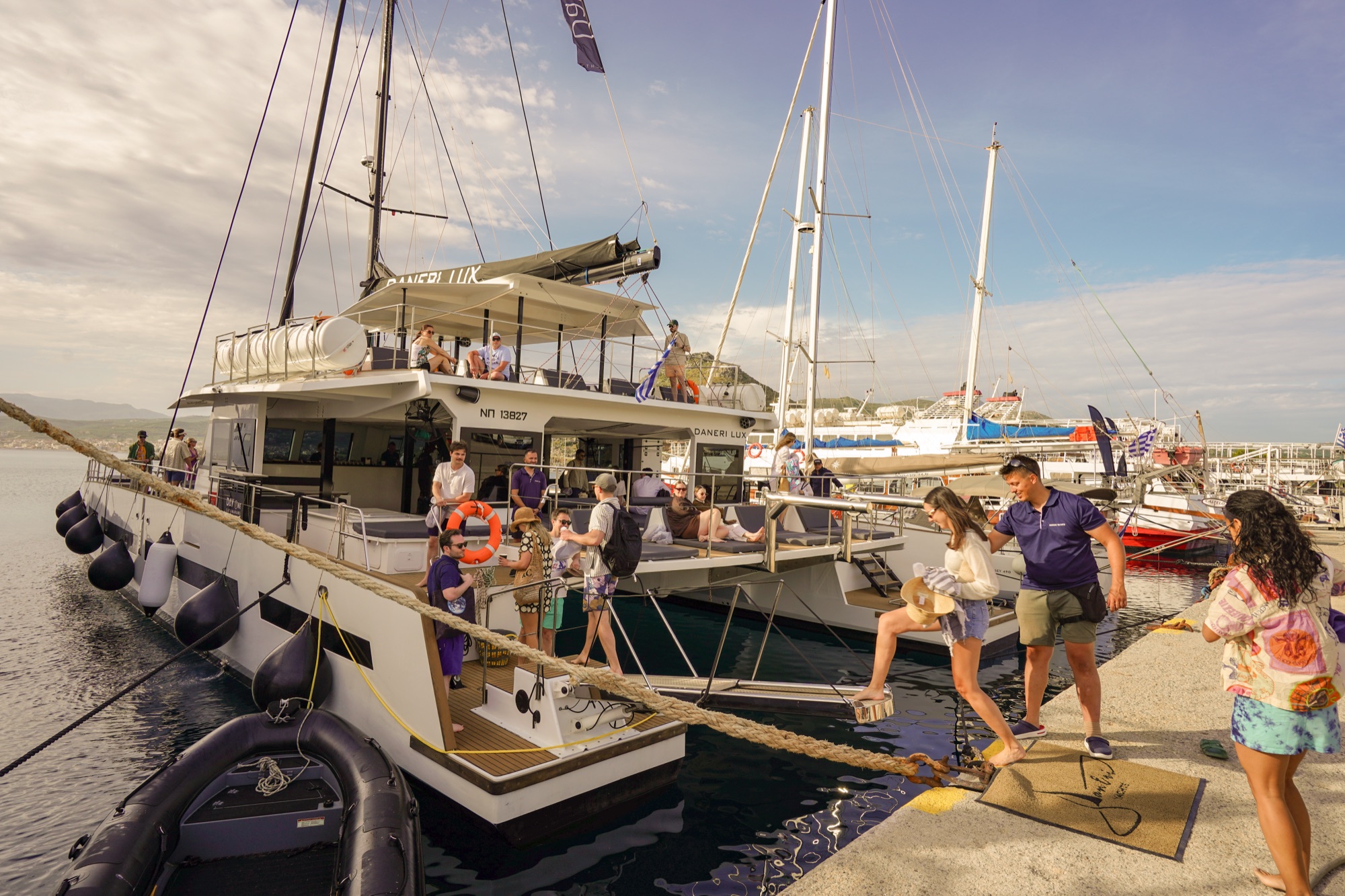 A DanEri catamaran at a west-Crete harbour, the launch point for cruises along the Chania coast