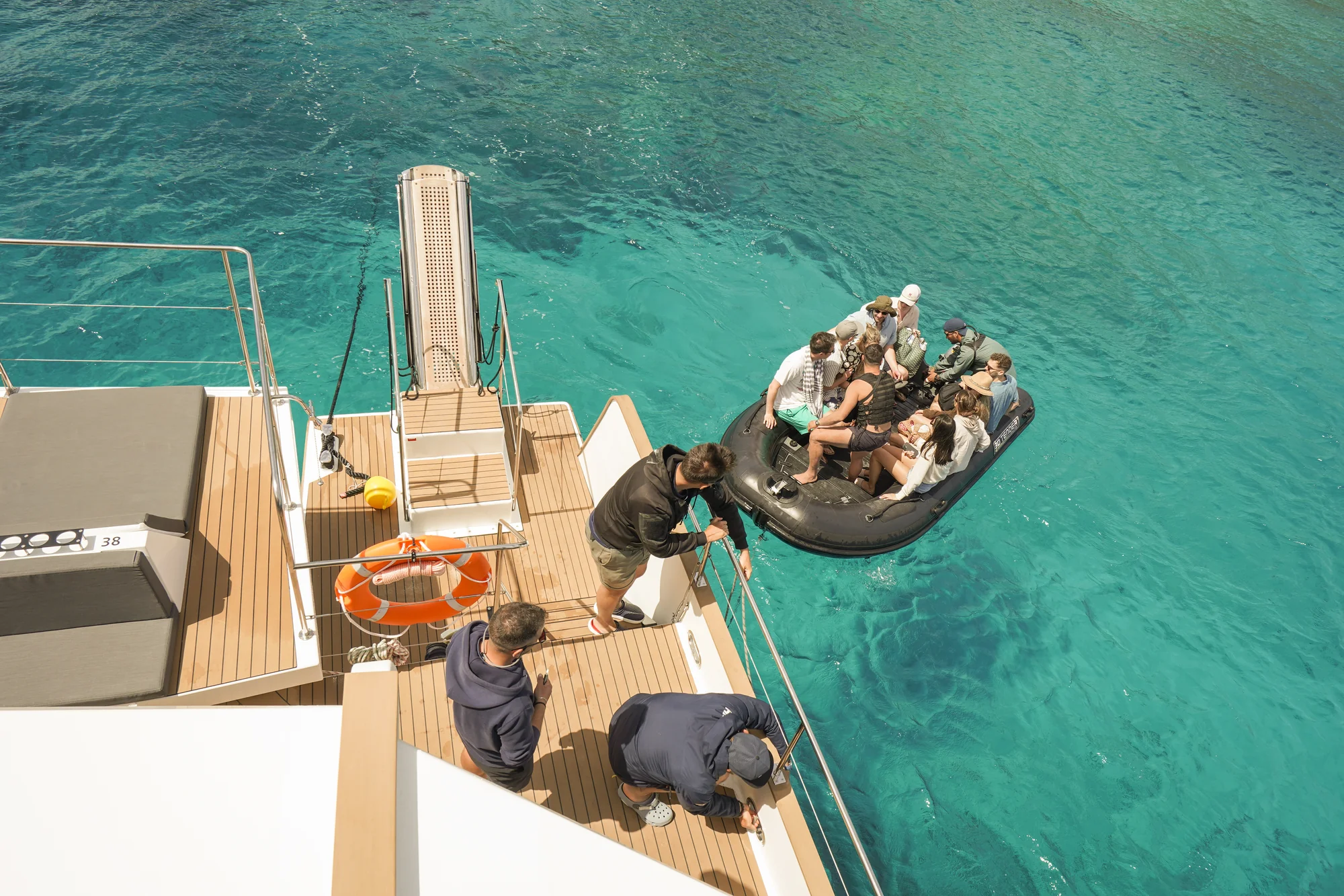 Tender alongside DanEri Lux in Balos Lagoon