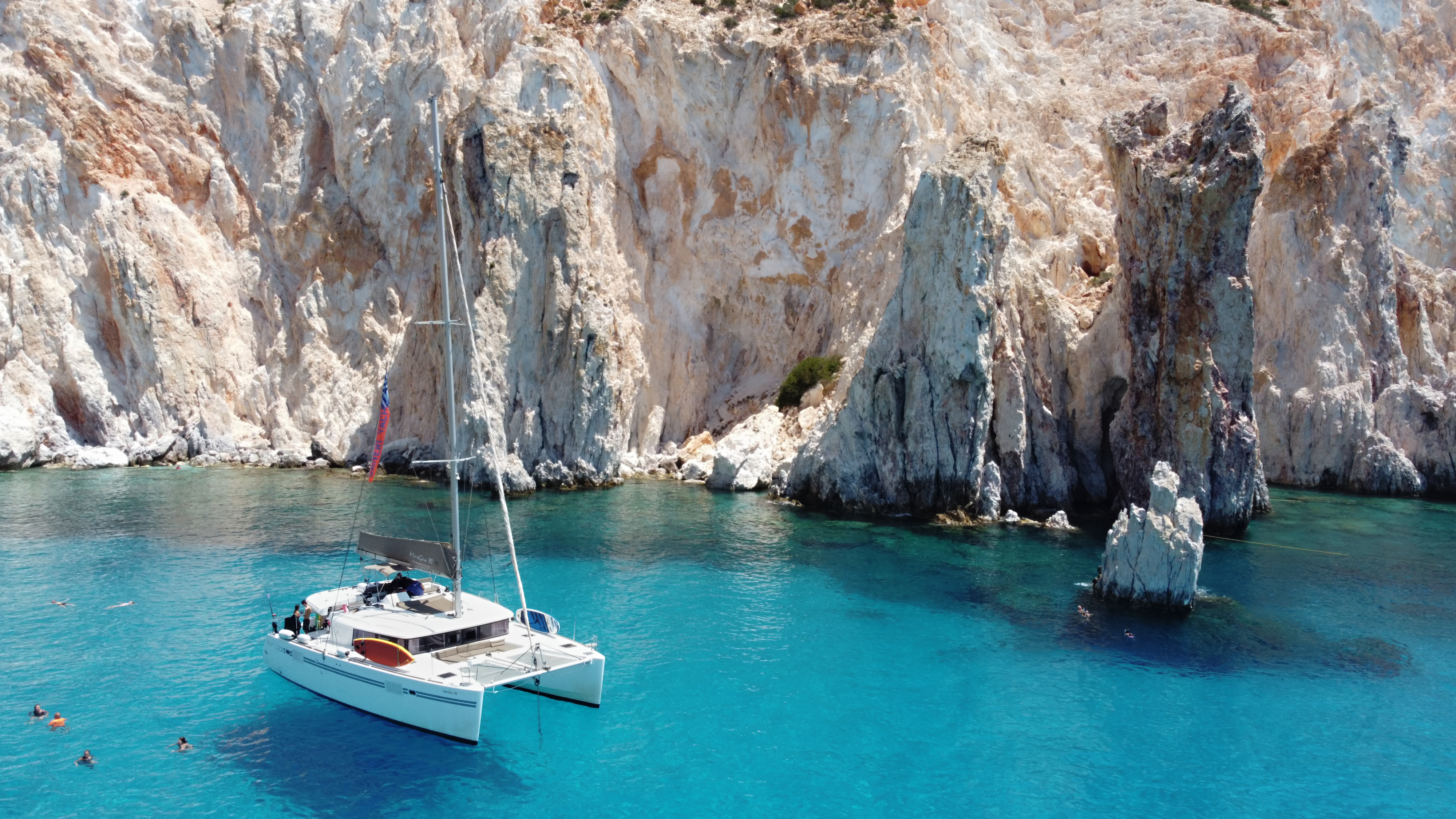 Aerial of the Kleftiko sea caves on Milos, reachable only by boat