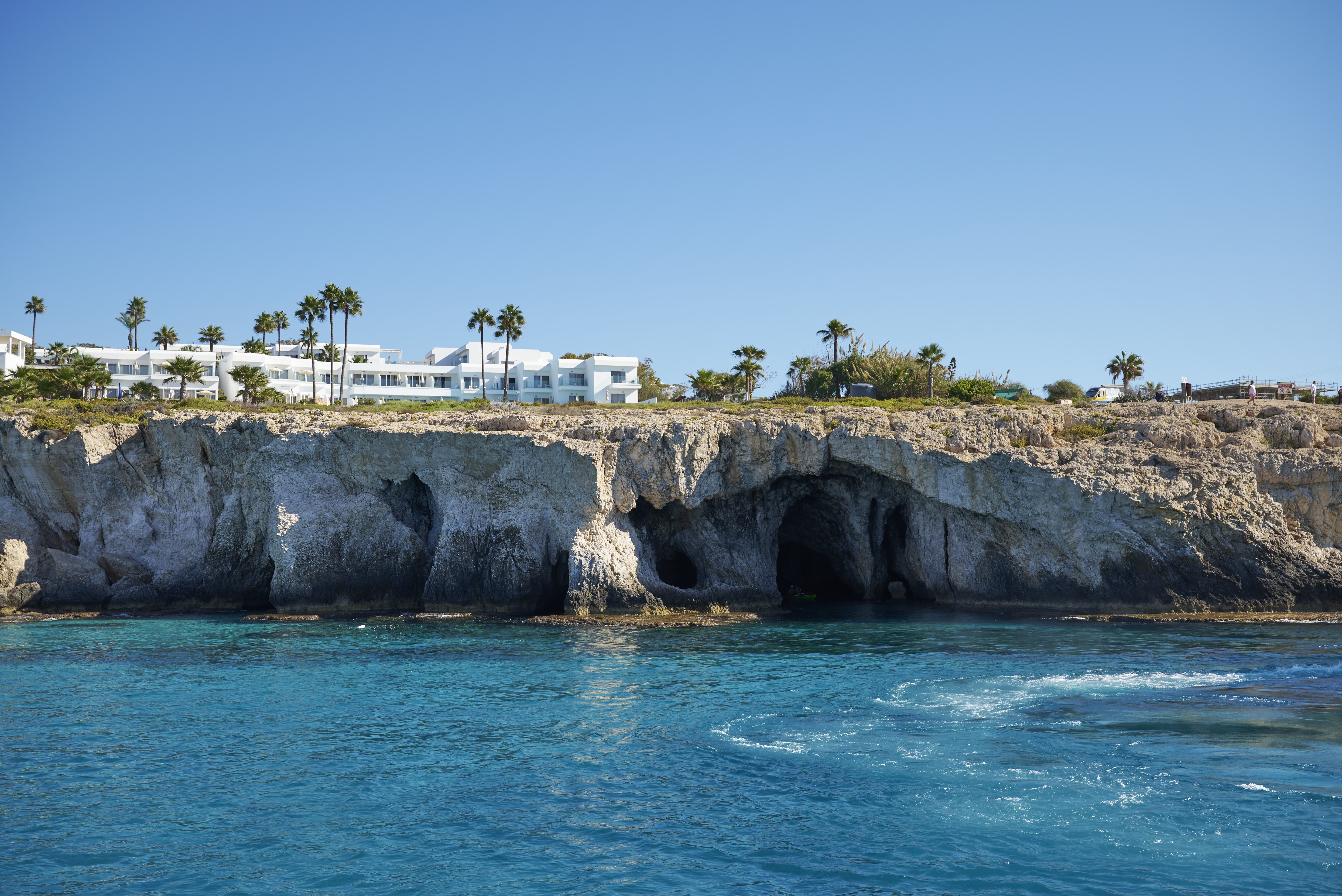 Luxury catamaran cruising the clear blue water off Ayia Napa, Cyprus