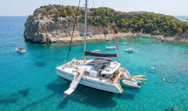 The DanEri catamaran under sail on the Rhodes east coast