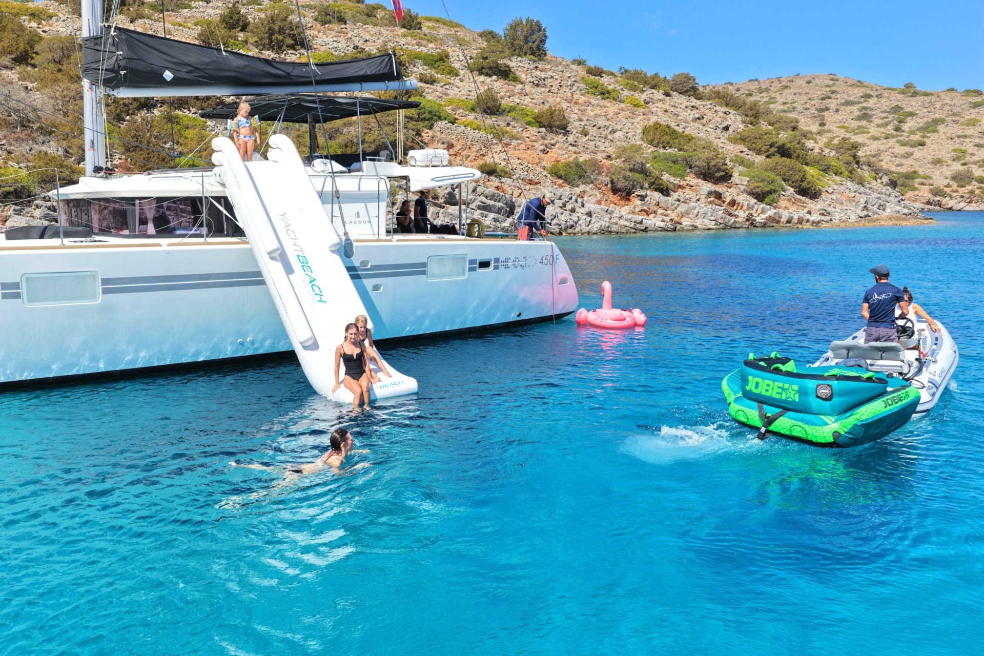 Aerial of the DanEri catamaran near the Ladiko and Anthony Quinn coves on Rhodes