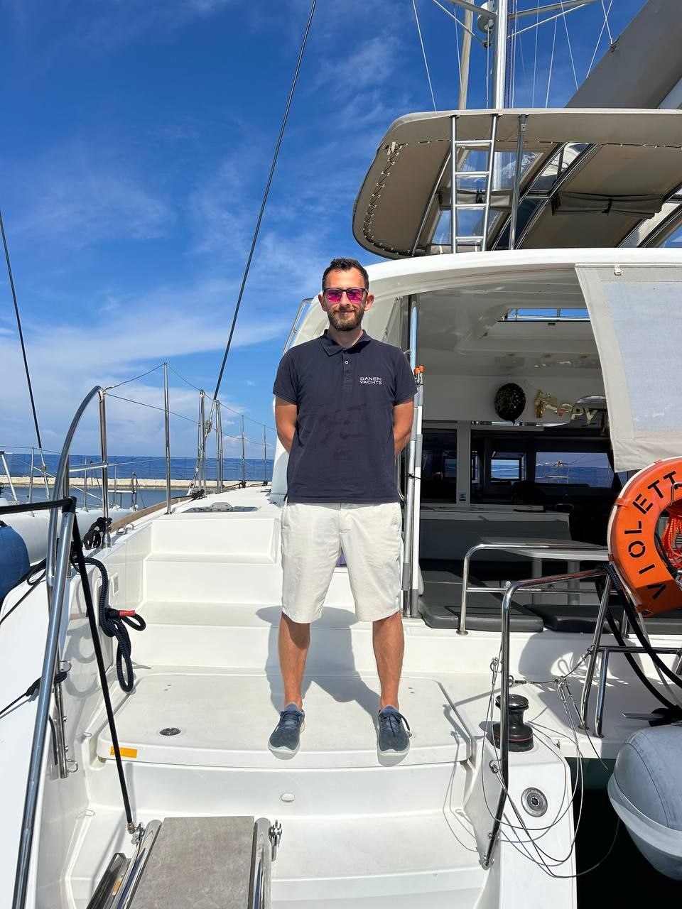 Captain George Bantis on board the DanEri catamaran Violetta at Rhodes New Marina